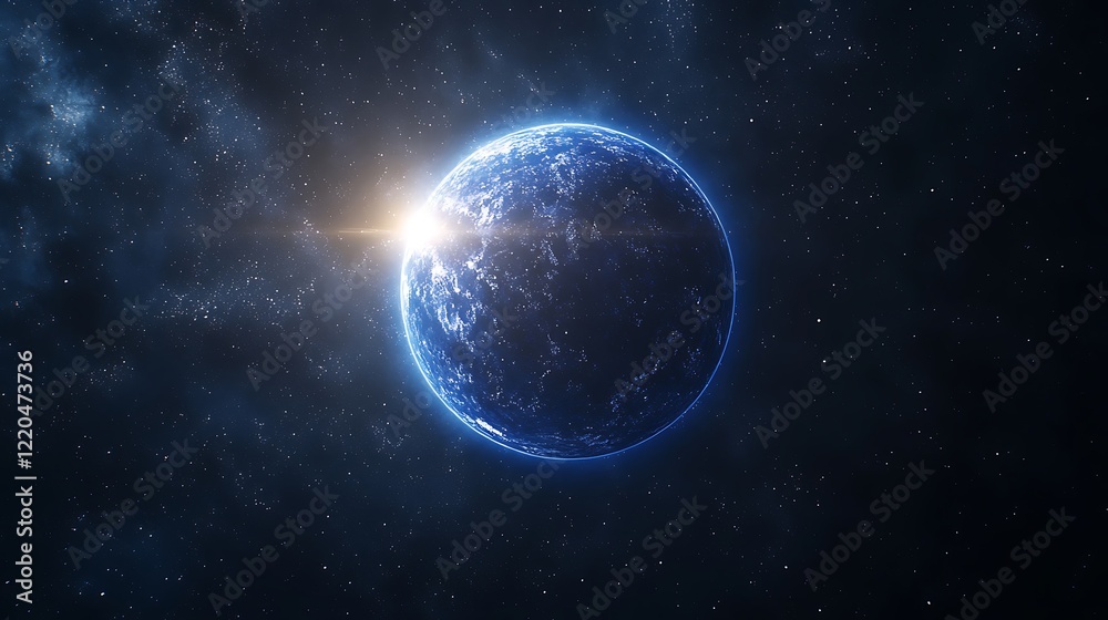 Obraz premium A blue planet Earth with the sun rising in space
