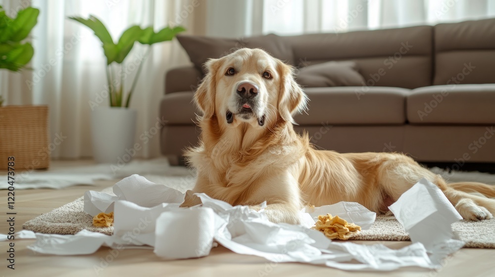 Playful golden retriever tearing apart toilet paper, spreading shredded white fragments across plush carpet near houseplants and comfortable living room furniture