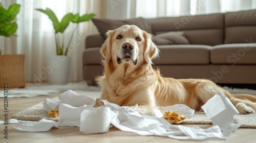 Obraz na płótnie Playful golden retriever tearing apart toilet paper, spreading shredded white fragments across plush carpet near houseplants and comfortable living room furniture w salonie