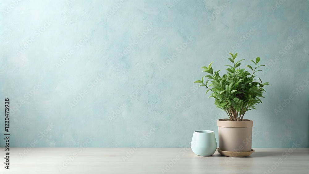 Serene Minimalist Home Decor A potted plant and a small cup on a light wood surface against a light teal wall. Serene Minimalist Home Decor A potted plant and a small cup on a light wood surface against a light teal wall.