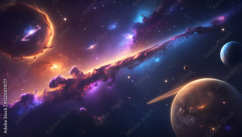 Obraz premium Two planets in vibrant nebula with stars; futuristic space exploration concept suitable for science fiction book cover or digital art