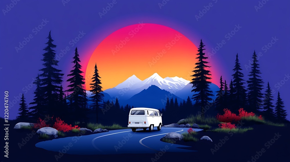 Fototapeta premium Pixel Art Sunset Landscape Van on a Mountain Road Trip