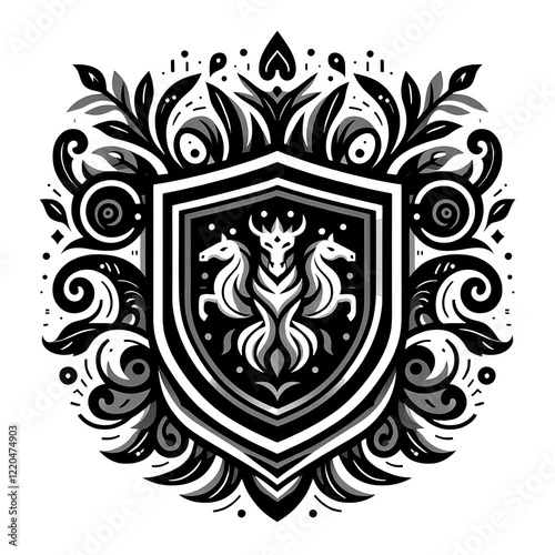 Black and White Floral Ornament Design with Symmetrical Shield
