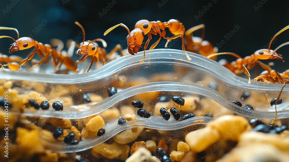 Industrious ants traversing plastic pathways inside controlled habitat, revealing complex social interaction and collective movement patterns