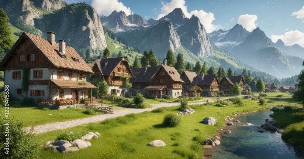 Obraz premium A picturesque alpine village with farm houses and green meadows , landscape, mountains, alpine village