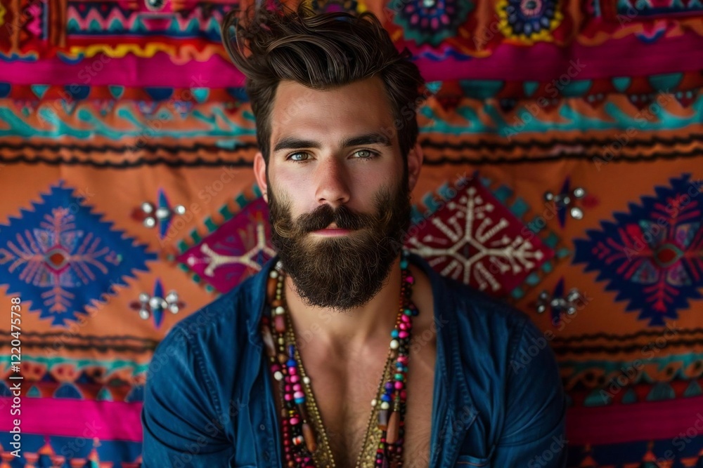 Obraz premium Handsome Caucasian Man with Beard Against Vibrant Hispanic Textile Background
