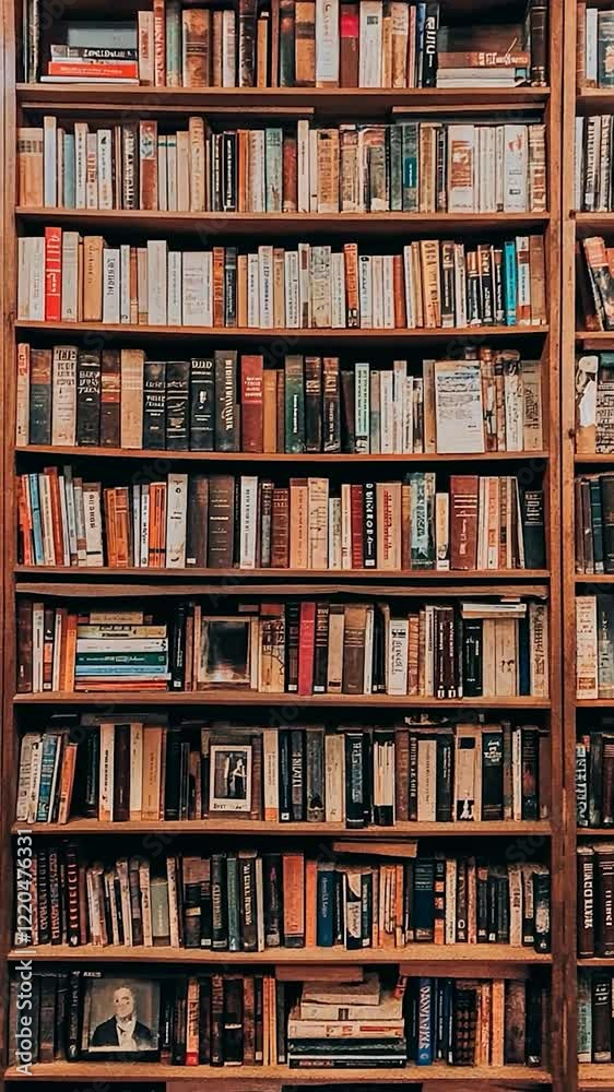 Wooden bookshelf filled with a variety of books in a cozy library; concept of knowledge, literature, and education Wooden bookshelf filled with a variety of books in a cozy library; concept of knowledge, literature, and education