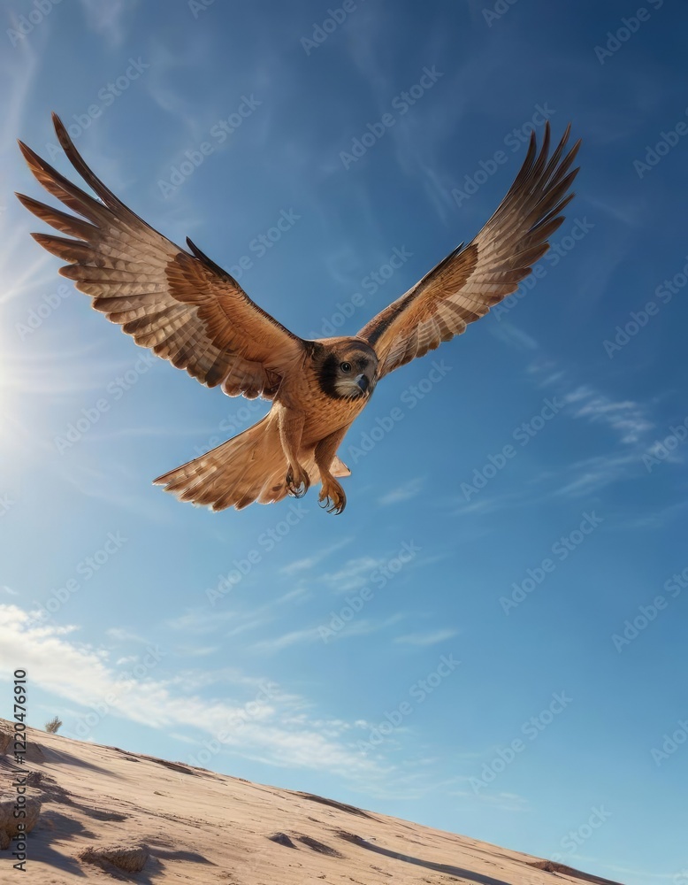 Obraz premium A powerful brown falcon dives down towards its prey under the vast expanse of a clear blue sky, tree top, landscape photography
