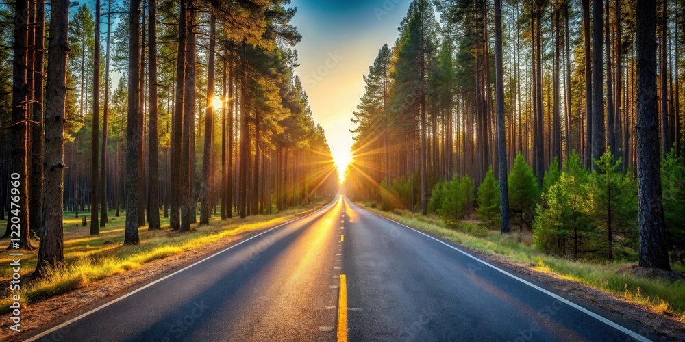 Asphalt road through a sunlit pine forest at sunset Asphalt road through a sunlit pine forest at sunset