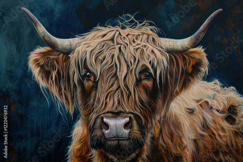 Painting of a majestic highland cow with long, flowing fur and impressive horns, set against a vibrant blue backdrop