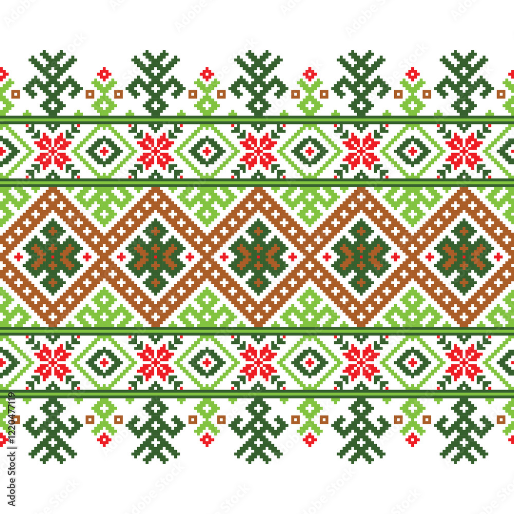 Vector illustration of seamless decorative fabric pattern of Ukrainian folklore. Ethnic ornamental motifs, border elements, traditional Ukrainian and Belarusian folk knitted umbrella patterns.
