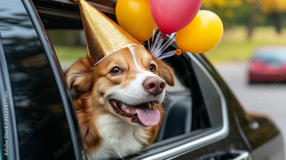 Border collie wearing golden party hat riding in car, surrounded by colorful balloons, celebrating birthday with infectious canine happiness on bright, festive day