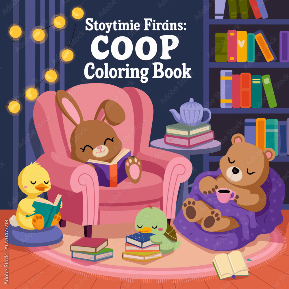 Obraz premium cute coloring book cover, cover, cute kids illustration, cartoon cover, cartoon illustration, kawaii coloring, easy and bold, kawaii cover, cozy, cozy cover, fuzzy, hygge, coloring pages, adult colori