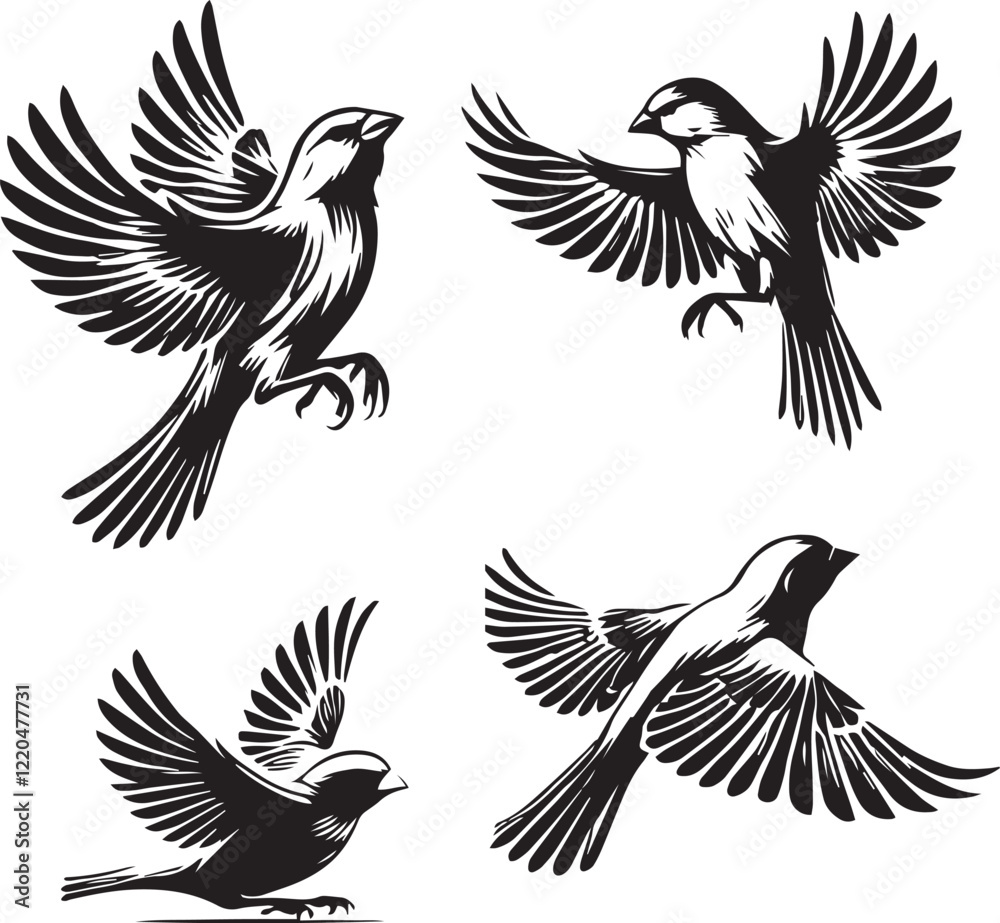 Obraz premium vector set of canary sitting poses, black and white canary silhouette, canary sitting silhouette illustration, bird silhouette black and white, minimalist canary vector art