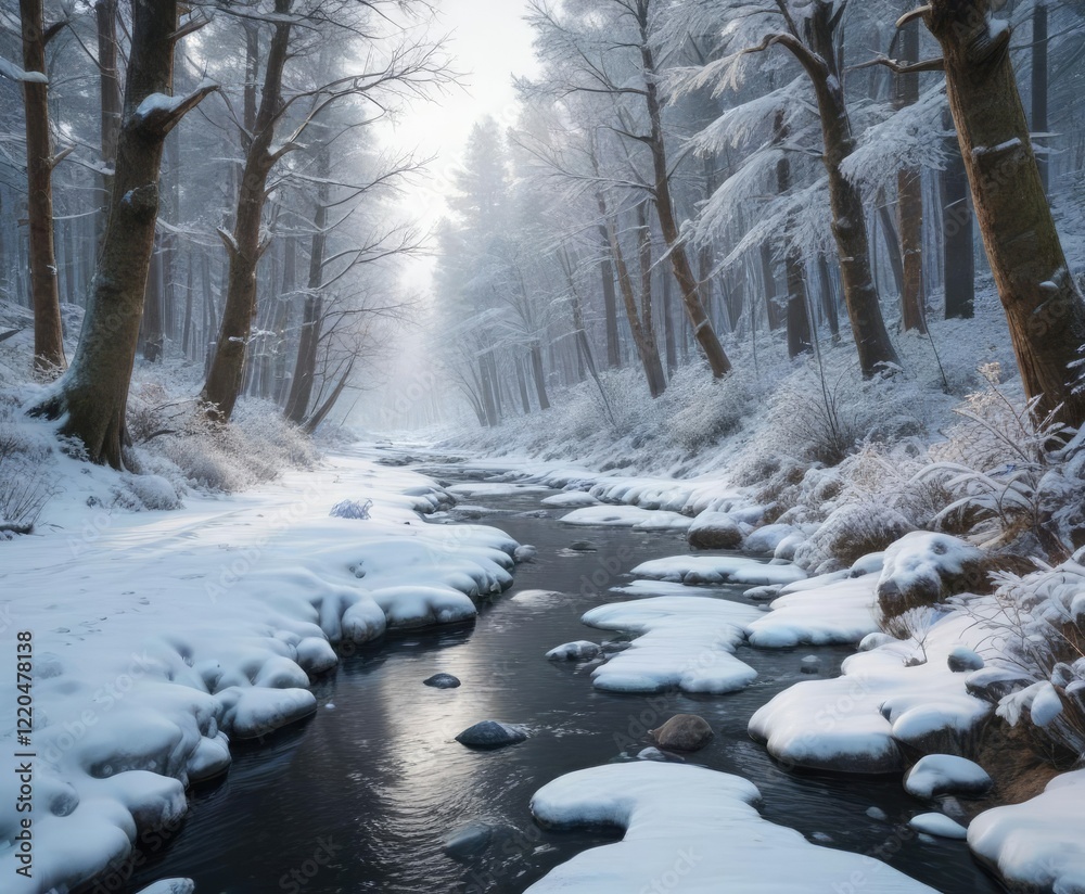A snowy forest with a frozen stream running through it, frozen stream, peaceful atmosphere, snowy forest A snowy forest with a frozen stream running through it, frozen stream, peaceful atmosphere, snowy forest