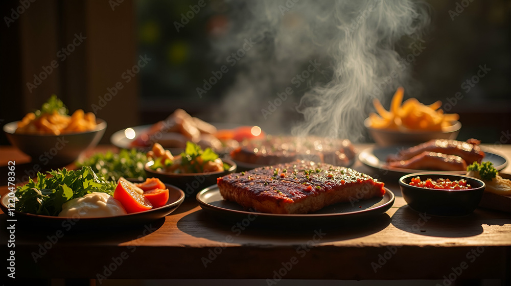 Fototapeta premium Savory grilled dishes served with fresh sides in a warm evening setting