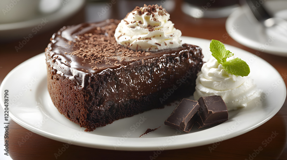 A slice of molten chocolate cake with a flowing center, garnished with a few fresh raspberries and a dollop of whipped cream for an indulgent dessert.