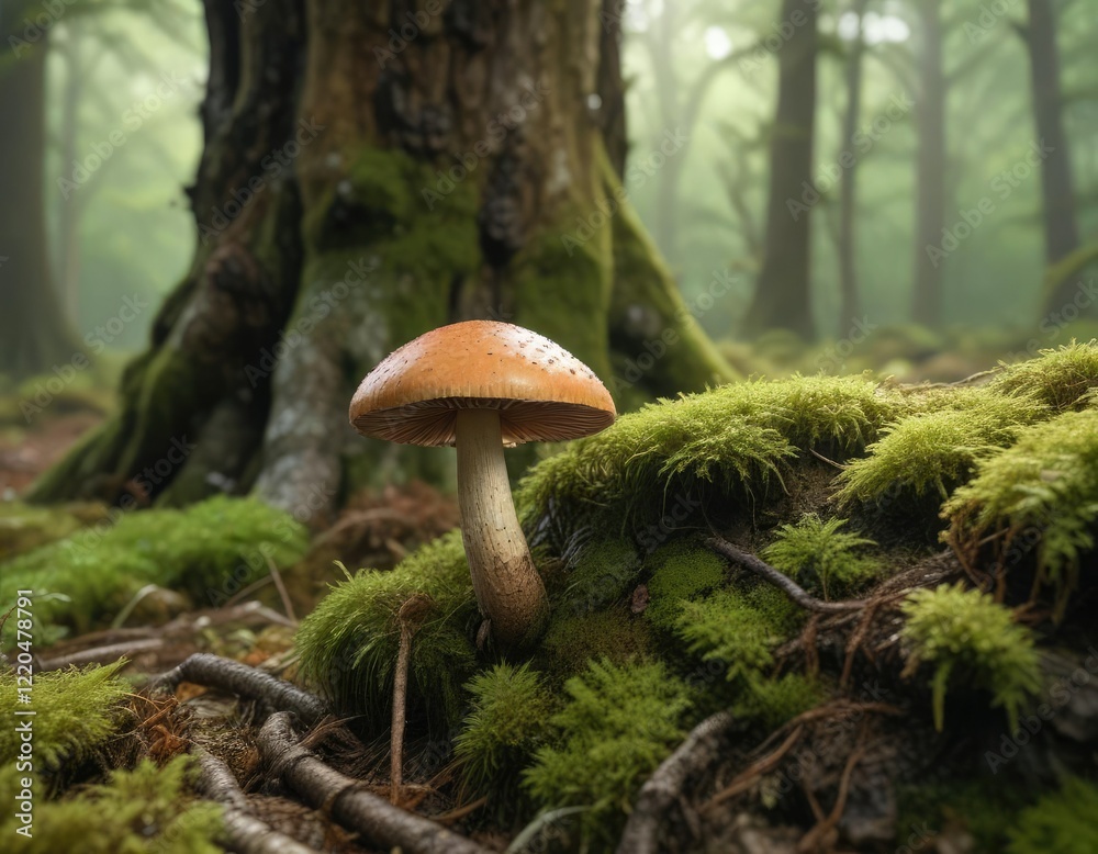 Fototapeta premium A solitary oak mushroom growing in a patch of moss near a tree trunk , patch, nature, forest