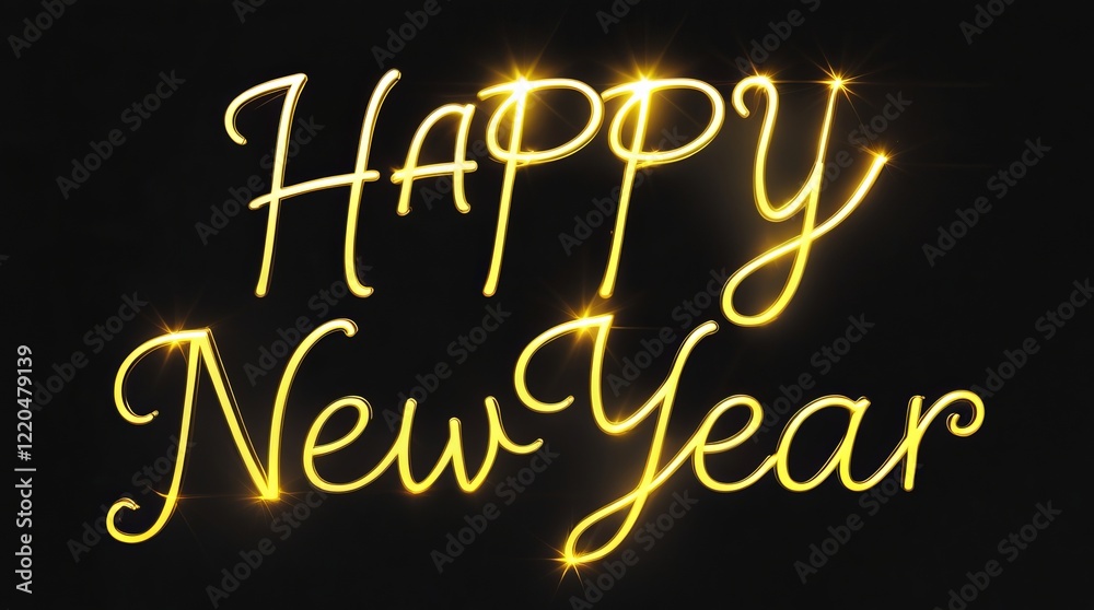 Fototapeta premium Radiant gold 'HAPPY NEW YEAR' in hand-lettered script, glowing highlights and shadows for boldness, sleek black background, contour vector T-shirt graphic, stylish and festive.