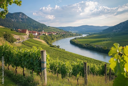 Vineyards covering rolling hills alongside the neckar river in besigheim, germany, during a sunny day