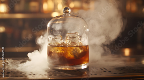 A smoked Mai Tai infused with lapsang souchong tea, served in a glass dome filled with smoke. photo