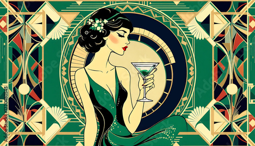 Elegant Flapper Girl Emerald Cocktail Art Deco Design