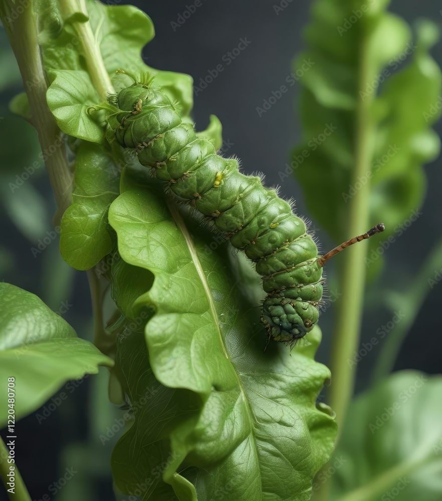 Fototapeta premium A caterpillar is climbing down a stem on a fresh green spinach leaf, bug, spinach