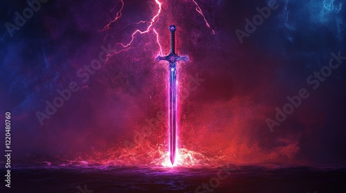 The flaming sword illuminates the surroundings with a magical fantasy effect, the fiery electric light that wraps around the sword layer is like an unquenchable spirit fire photo