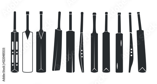 Cricket Bat Clip Art Isolated Design With White Background, Equipment Cricket Bat With Unique Design. Bat Silhouette Realistic Color Sports Bundle.
