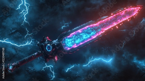 The flaming sword illuminates the surroundings with a magical fantasy effect, the fiery electric light that wraps around the sword layer is like an unquenchable spirit fire photo