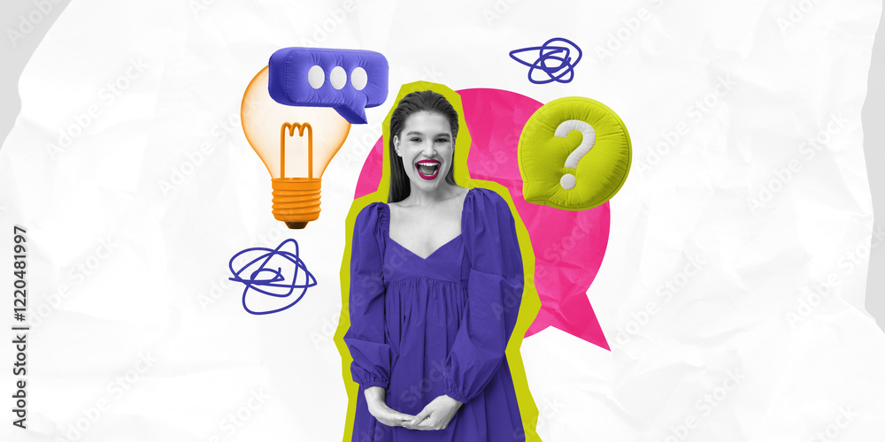 Woman in purple dress with colorful thought bubbles on white bac Woman in purple dress with colorful thought bubbles on white bac