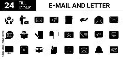 Collection of 24 E-mail and Letter fill icons featuring editable strokes. These outline icons depict various modes of E-mail and Letter, electronic mail, mail, letter, postal, icon, set, line, post, m