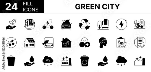 Collection of 24 Green city fill icons featuring editable strokes. These outline icons depict various modes of Green city, eco, energy, building, water, reusing, air, quality, urban, smart, environmen