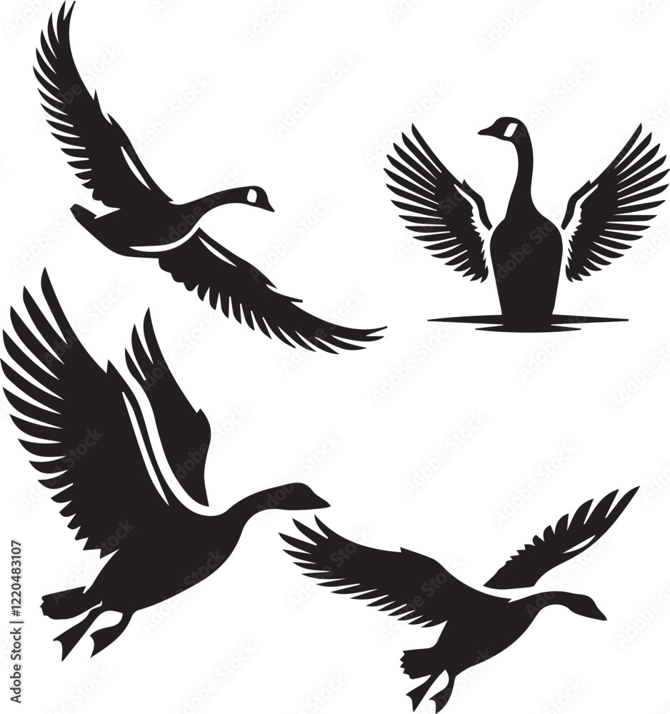Fototapeta premium set of goose flying poses,goose flying silhouette illustration, bird silhouette black and white, minimalist goose vector art, wildlife goose flying illustration