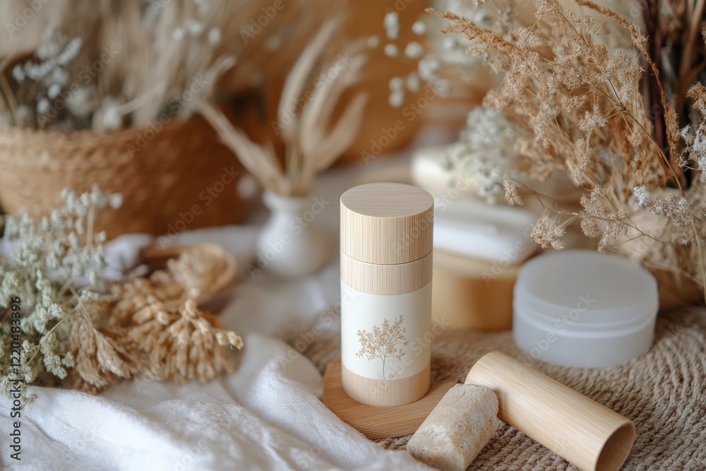 Eco-friendly cosmetic packaging mockup with dried flowers on a white tablecloth Eco-friendly cosmetic packaging mockup with dried flowers on a white tablecloth
