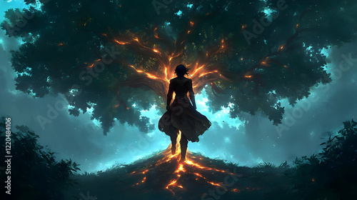 Wallpaper Mural Person Walks Towards Glowing Tree Roots Mystical Forest Night Digital Art Fantasy Illustration Torontodigital.ca