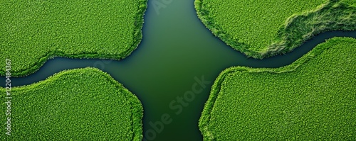 Aerial view topography composition concept. Lush green wetlands with winding waterways create a vibrant, natural landscape filled with rich vegetation.