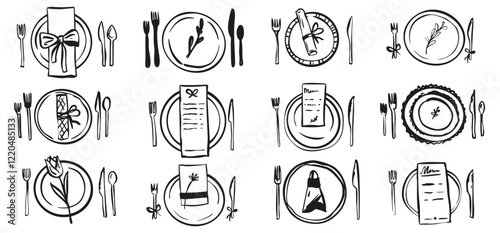 Hand drawn table serving illustration wedding party menu design. Restaurant cafe illustration in retro vintage doodle sketch style.