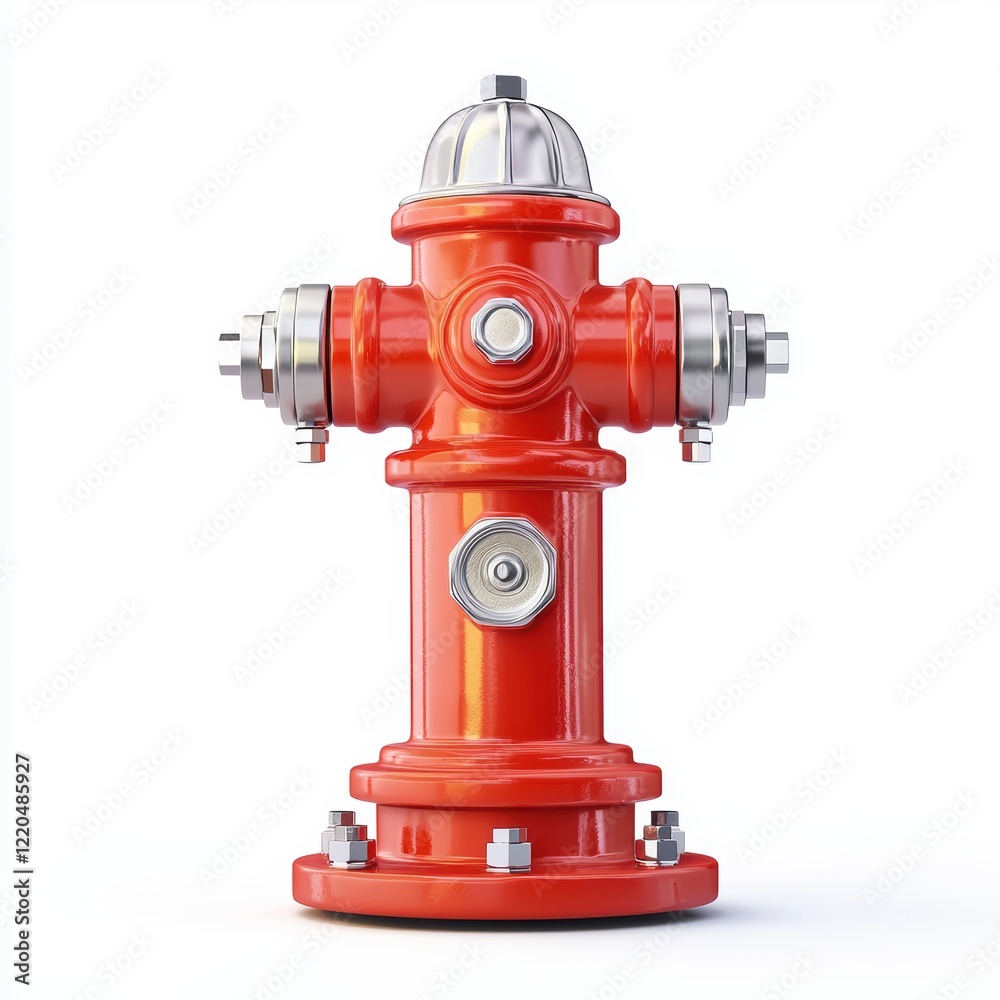 3D icon cartoon bright red fire hydrant with silver caps, isolated on a white background 3D icon cartoon bright red fire hydrant with silver caps, isolated on a white background