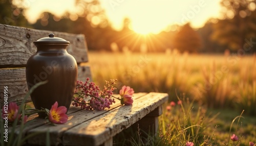 Serene outdoor setting at sunset with funeral urn on wooden bench, peaceful and contemplative atmosphere, meadow background