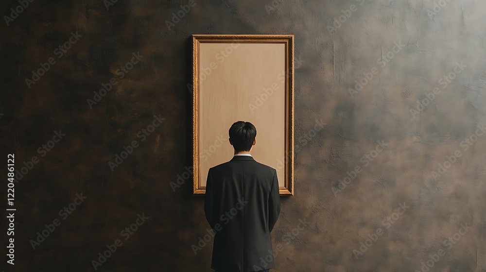 Obraz premium Man in Suit Standing Before Empty Picture Frame on Dark Wall, Inviting Visitors to Imagine Their Own Artistic Vision Through a Life-Sized Display