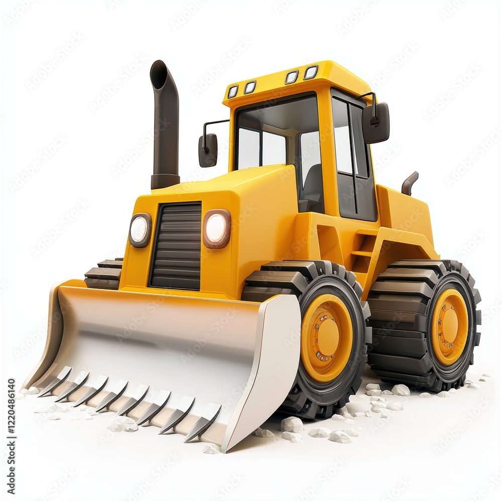 Fototapeta premium 3D icon cartoon bulldozer with a steel blade, isolated on a white background