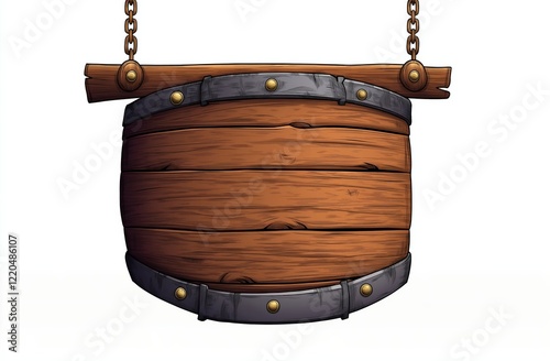 A wooden barrel with metal hoops around it isolated on transparent signboard hanging on chains background
