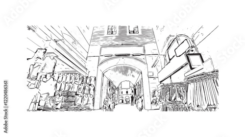 Print Building view with landmark of Bursa inTurkey city. Hand drawn sketch illustration in vector.
