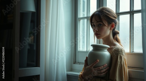Sad young woman holding urn near window in soft light