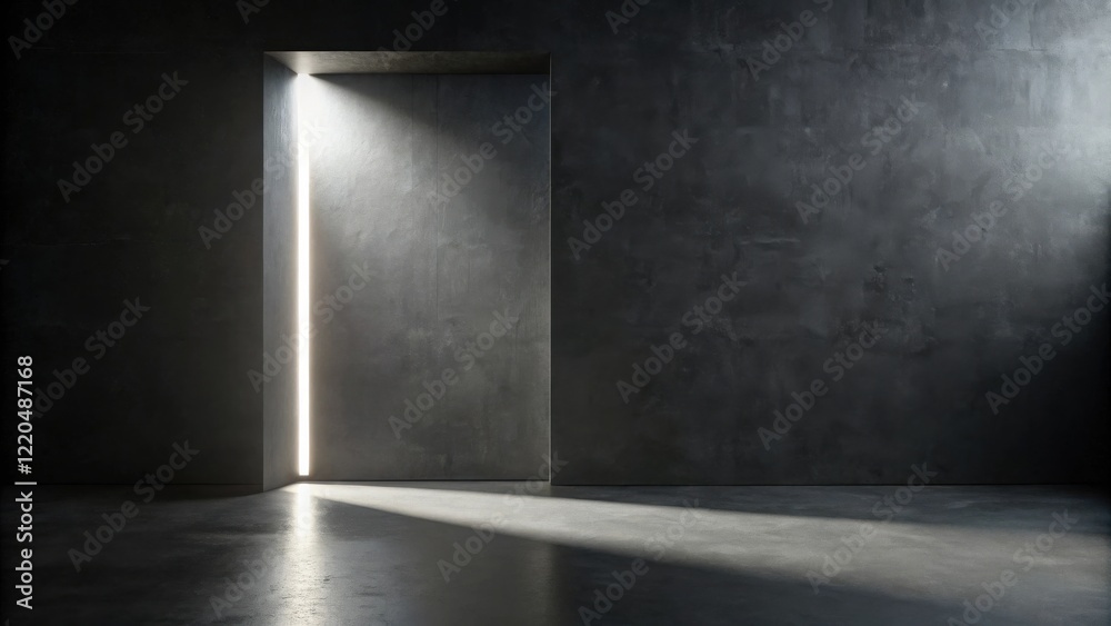 A bright beam of light illuminates a dark, minimalist interior space with a concrete floor and walls A bright beam of light illuminates a dark, minimalist interior space with a concrete floor and walls