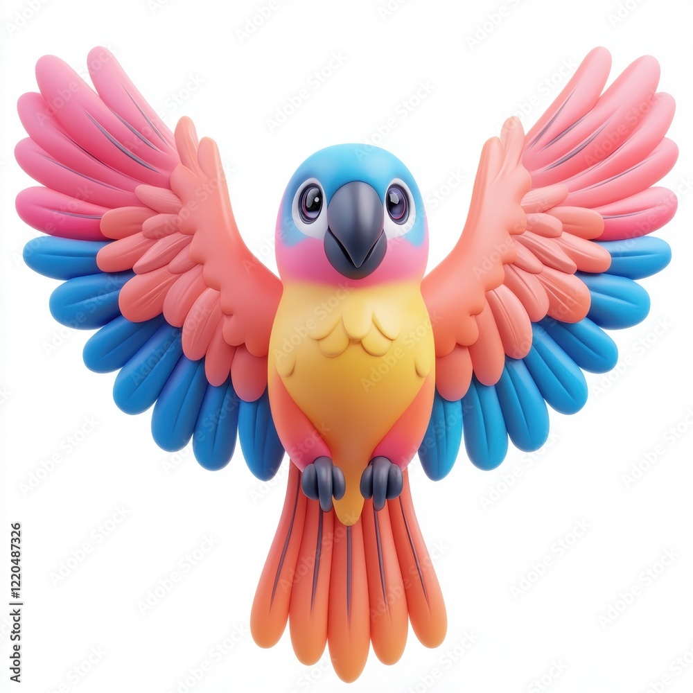 Obraz premium 3D icon cartoon colorful parrot with spread wings isolated on a white background 