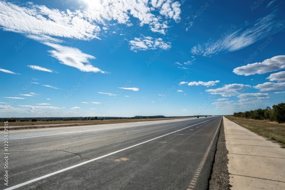 A long stretch of highway asphalt road stretches out before a brilliant blue sky with just a few wispy clouds, nature, vastness, sky, landscape, empty highway asphalt A long stretch of highway asphalt road stretches out before a brilliant blue sky with just a few wispy clouds, nature, vastness, sky, landscape, empty highway asphalt
