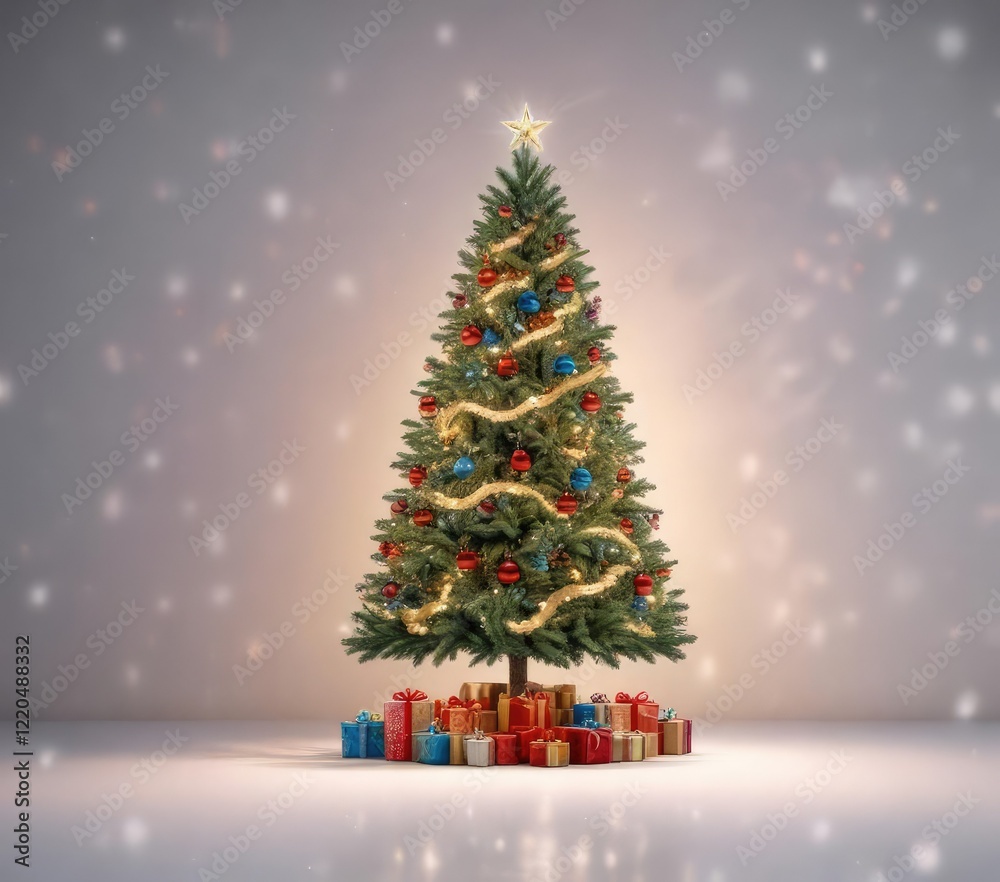 A majestic Christmas tree stands tall against a bright white background, showcasing its vibrant colors and sparkling lights, festive colors, Christmas tree on white background A majestic Christmas tree stands tall against a bright white background, showcasing its vibrant colors and sparkling lights, festive colors, Christmas tree on white background