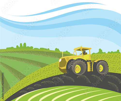 Tractor in the field, agricultural banner template